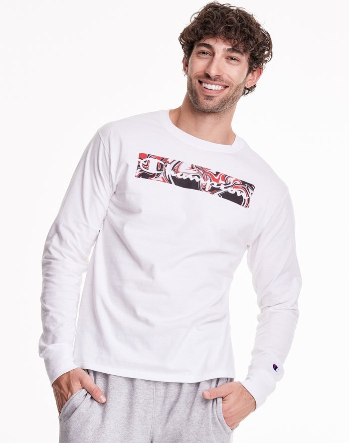 Champion Mens T-Shirt NZ - Classic Long Sleeve Jersey Liquid Filled Block White ( 3940-ZWDKG )